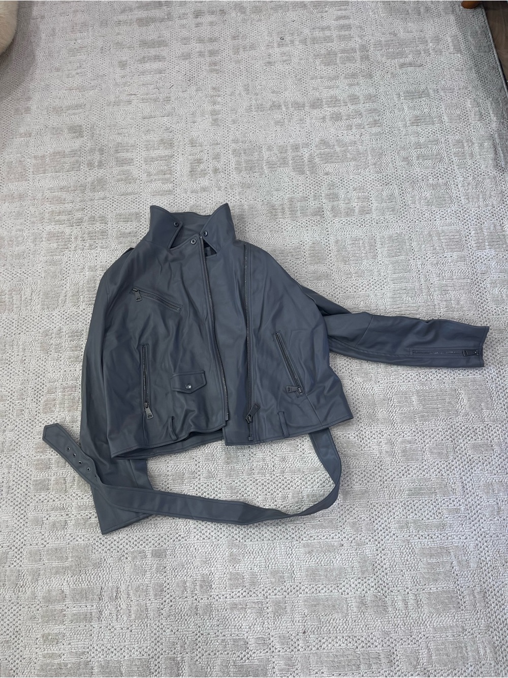 DKNYC Slate Gray Faux Leather Moto Jacket with Belted Waist